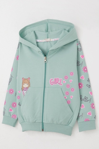 Breeze Kız Çocuk Hırka Sevimli Kız Baskılı Kolları Çiçek & Kalp Desenli 1-4 Yaş, Su Yeşili Su Yeşili