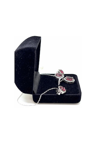 Oya Silver Lal Taşlı Işıltılı Gümüş Set&takım