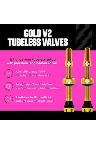 Muc-off Tubeless Valves V2, Gold 44mm - Tubeless Valf, Tüpsüz Lastikler İçin Valf Çekirdeği Sökme Aleti İle Gövde Çok Renkli