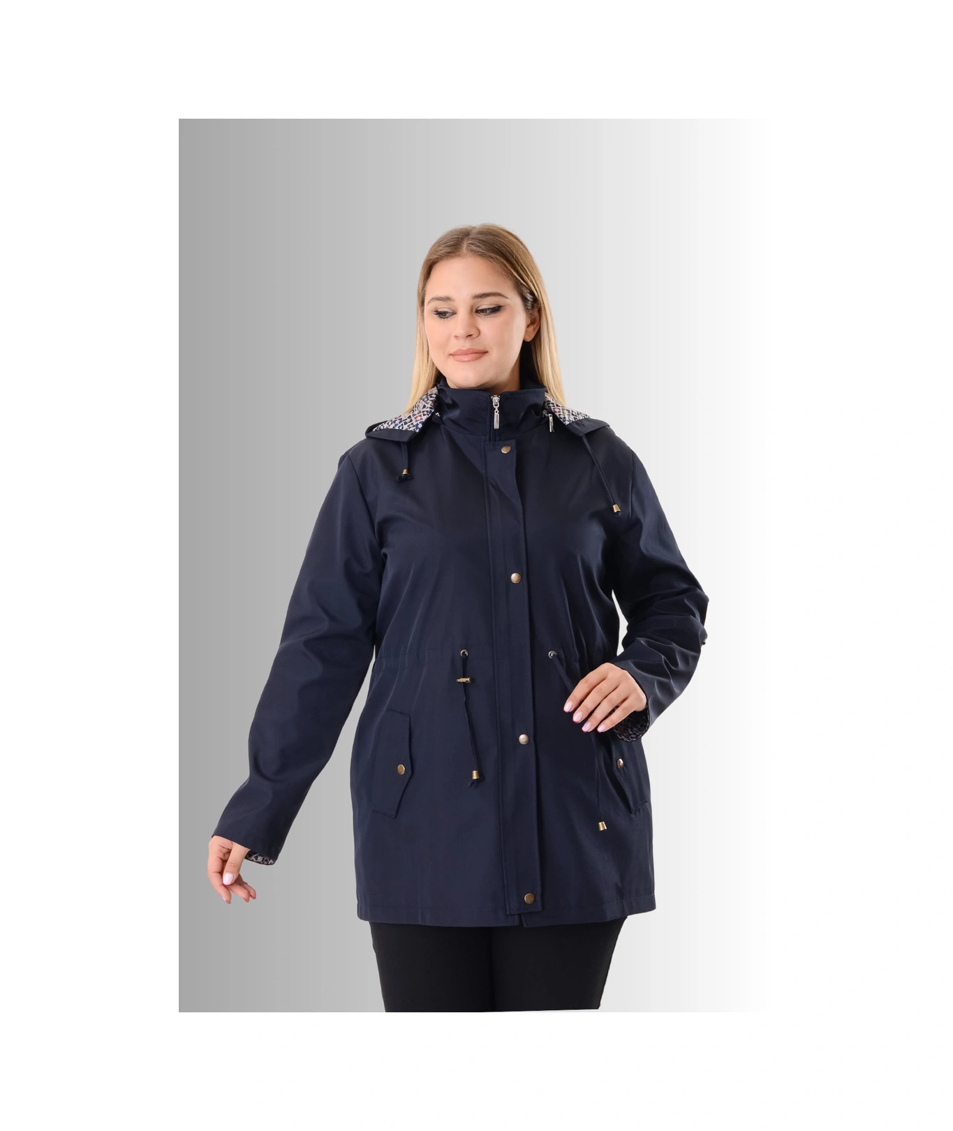 Büyük Beden Kapüşonlu Lacivert Renkli Bonding Ceket Lacivert