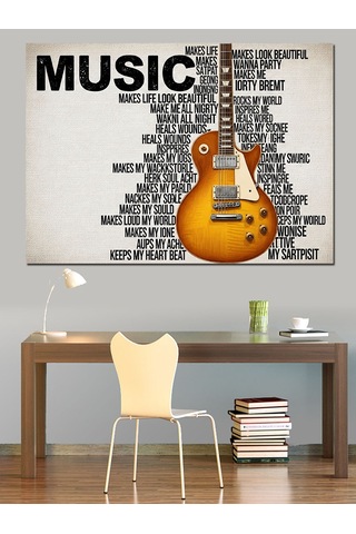 Müzik Yazılarıyla Çevrili Gitar Çizimi Dekoratif Kanvas - Mdf Ahşap Tablo