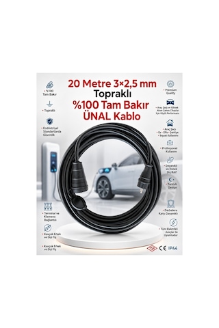 Ünal Kablo Elektrikli Araç Şarj Uzatma Kablosu 20 Metre 3x2,5 Mm² %100 Saf Bakır Kauçuk Erkek-dişi Fişli Tse Ce Belgeli 20 M