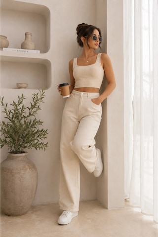 Layal My Beauty Melody Kadın Jeans Wide Leg Rahat Yüksek Bel Salaş Bol Paça Jean Palazzo Denim Kot Pantolon Krem