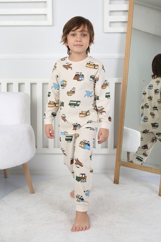 Transportation Veichle Desenli Çocuk Pijama Takımı Alt-üst Bej 3-8 Yaş Bej