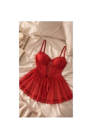 Loveria Kırmızı Dantel Detaylı Tül Etekli Desteksiz Babydoll Kırmızı Kırmızı
