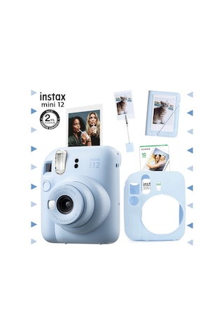 Fujifilm Instax Mini 12 Fotoğraf Makinesi + 10'lu Film + Kıskaçlı Stand + Mini Albüm + Silikon Kılıf Seti Mavi