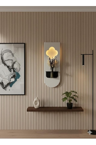 Papatya Ahşap Pilli Ledli İskandinav Tarzı Salon Duvar Rafı Modern Çiçeklik 30 X 80 Cm Paris Grisi - Antrasit