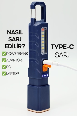 Şarjlı El Feneri 6 Mod Karabina Askılı Çakarlı Cob Led Kamp Lambası Acil Durum Işığı Mavi 7170 Mavi