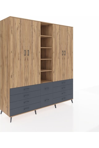 Kronos Dolap 9 Raflı 10 Çekmeceli 2 Askılı 220x59x243 Çam-çam/antrasit Atlas Çam/antrasıt