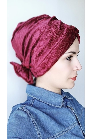 Kadın Tesettür Kadife Fiyonklu Bone Bordo