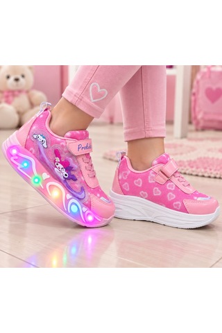 Papucumun Dünyası Kız Çocuk Cırtlı Bantlı Pembe Renk Led Işıklı 3d Baskı Figürlü Sneaker