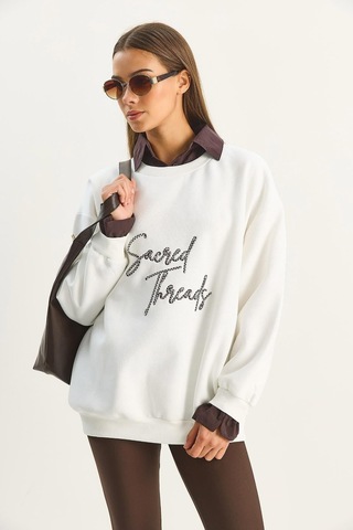 Shade Kadın Gömlek Yaka Nakışlı Üç İplik Şardonlu Oversize Sweatshirt 10020 60283675 - Ekru-kahverengi Çok Renkli