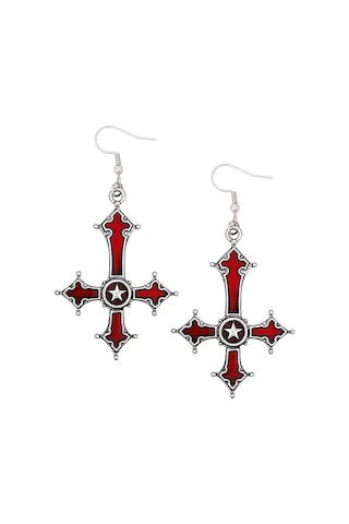 Dükkan Design Kırmızı Lucifer Ters Haç Küpe Kırmızı - Siyah