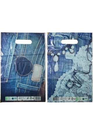 Baskılı Mağaza Poşeti No 4 50 Adet Kot Desenli Takviyeli Poşet