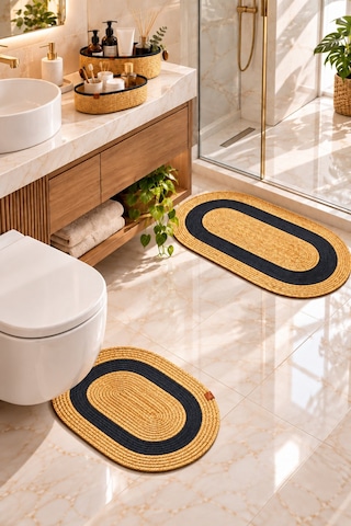 Roven 4 Lü Dekoratif Banyo Seti 2 Paspas 2 Organizer Sepet Klozet Ve Duş Önü krem