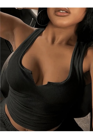 Munn Collection Kadın Kolsuz V Yakalı Kaşkorse Bluz Siyah