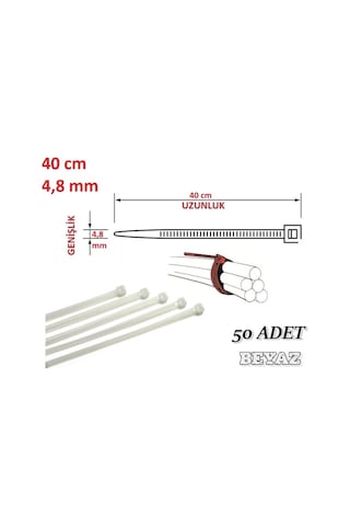 50 Adet Pemsan 40Cm X 4.8Mm Plastik Cırt Kelepçe Beyaz