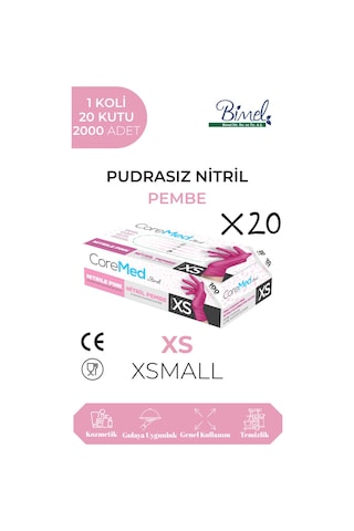 Nitril Pembe Pudrasız Muayene Eldiveni Xs - 1 Koli-20 Paket-2000'li