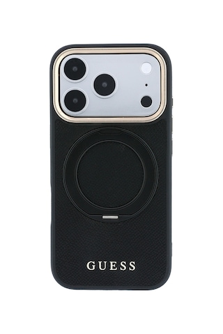 Apple iPhone Uyumlu 18 Pro Max Kılıf Guess Lisanslı M-safe Özellikli 360 Standlı Pu Metal Yazı Logolu Kapak Siyah