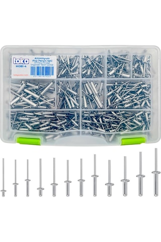 Toko Hobi-4 Alüminyum Pop Perçin Seti 411 Parça 13 Çeşit Organizer Takım Çantalı