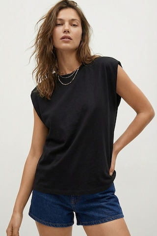 Elemge %100 Pamuk Süprem Tok Kumaş Kadın Oversize Siyah T-shirt Geniş Omuzlu Dökümlü Kolsuz Bol Kalıp