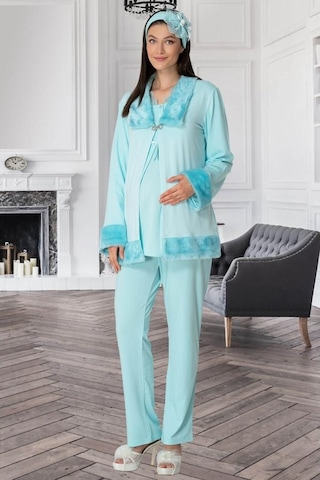 Mecit Pijama Mecit 5304 Turkuaz Peluş Detaylı Sabahlıklı Lohusa Pijama Takım