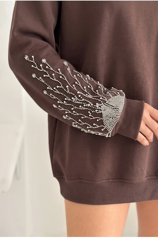 Femelle Kahverengi Kolları Boncuk Ve Taş İşlemeli %100 Pamuk Sweatshirt