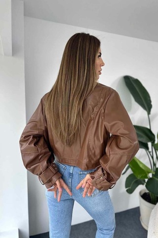 Laleli Butik Kadın Siyah Oversize Deri Ceket Taba Taba