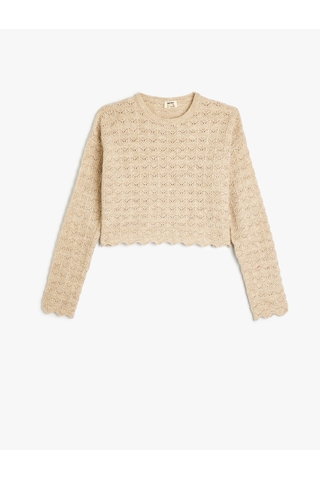 Koton Basic Triko Kazak Ajurlu Yuvarlak Yaka Uzun Kollu Bej 5wkg90040at Ekru