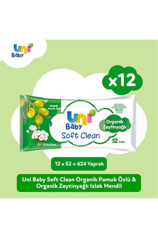 Uni Baby Soft Clean Organik Pamuk Özlü & Organik Zeytinyağlı Islak Mendil 12x52 Adet UNI-9108