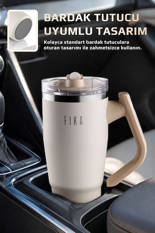 Fika Lumi Patentli Döner Kulplu Sızdırmaz Çift Ağızlıklı Çelik Termos 950 Ml Bej