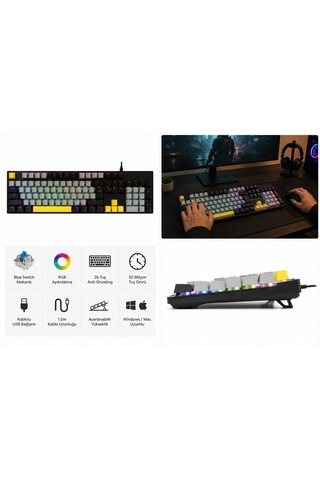 Kablolu Mekanik Gaming Klavye Rgb Aydınlatmalı Blue Switch Tam Boy Türkçe Q 26 Tuş Anti-ghosting