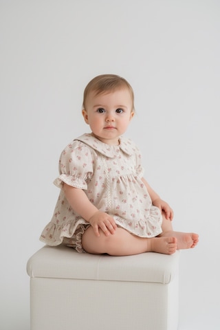 Babymuz Kız Bebek Çiçek Desenli Elbise Ve Külot İki Parça Bej