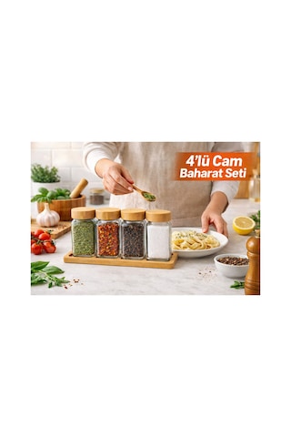 5 Parça Bambu Standlı-kapaklı, Cam Baharatlık Seti, Kare Tasarım, Baharatlık,tuzluk,karabiberlik Doğal Bambu Rengi Ve Cam