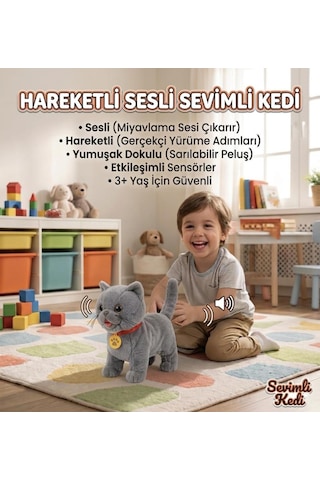 Sevimli Kedi Uzaktan Kumandalı Sesli Miyavlıyan Dil Çıkaran 5 Fonksiyonlu Oyuncak Peluş Hayvan Çok Renkli