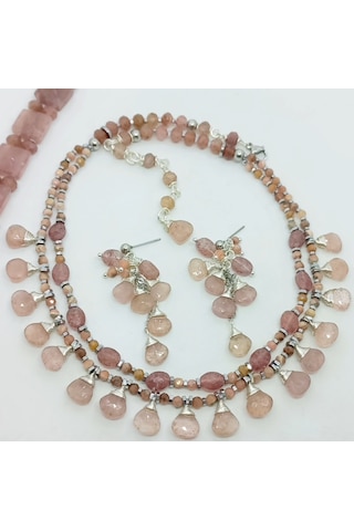 2746 Hindistan El Kesimi Çilek Kuvars Hematit Çelik Aparatlı El Yapımı Kolye 046 - Pembe