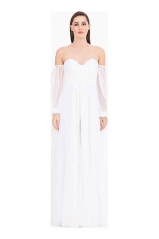 Kadın Kalp Yaka Çıkarılabilir Kollu Yırtmaçlı Abiye Elbise - Ekru Ekru