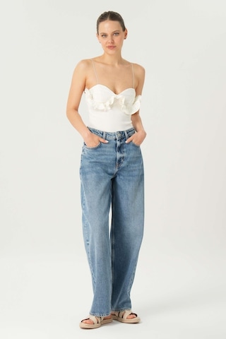 Orta Mavi Yüksek Bel Patı Fermuarlı Loose Jean Pantolon C 4934-017 Mavi