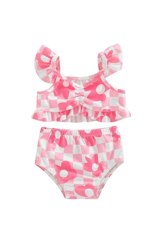 Bebek Kız Bikini Seti, Ekose Çiçek Baskı Fly Kollu Kaşkorse Yaz Plaj İçin Külot Mayo Mayo