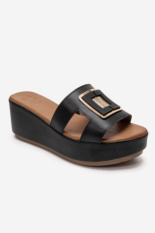 Luvishoes Hıola Siyah Hakiki Deri Tokalı Kadın Dolgu Topuklu Terlik