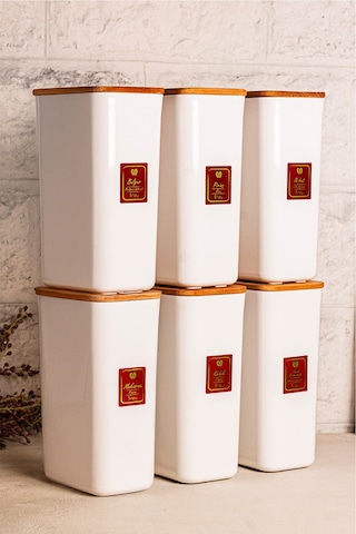 Snippy Cube - 6'lı Vakumlu Ahşap Kapaklı Etiketli Plastik Saklama Kabı Baharatlık Saklama Organizeri 2900ml Beyaz