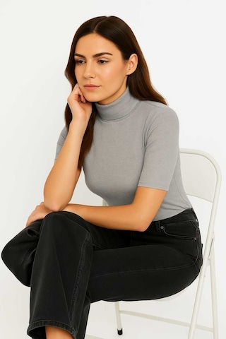Kadın Kısa Kollu Yarım Boğazlı Body Gri Melanj