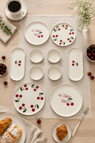 Vita Cherry 10 Parça 4 Kişilik Kahvaltı Takımı Lüx Kahvaltılık Sunum Seti Tabağı & Pasta Sunum Tabağı Beyaz