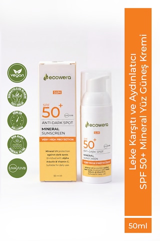 Ecowera Anti-Dark Spot SPF 50+ Leke Karşıtı ve Aydınlatıcı Mineral Güneş Kremi 50 ML