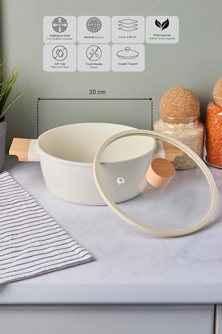 Cookwood Beige İndüksiyon Tabanlı Ahşap Kulplu Kapaklı Seramik Derin Tencere 20 Cm Bej Bej