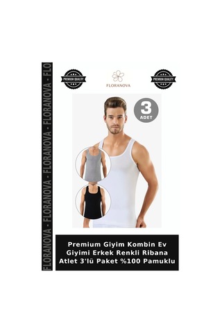 Floranova Premium Giyim Kombin Ev Giyimi Erkek Renkli Ribana Atlet 3'lü Paket %100 Pamuklu Çok Renkli