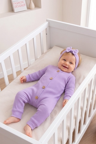 Babymod Fitilli Düğme İliklemeli Saç Bandlı Pamuklu Kız Bebek Tulum Set LİLA