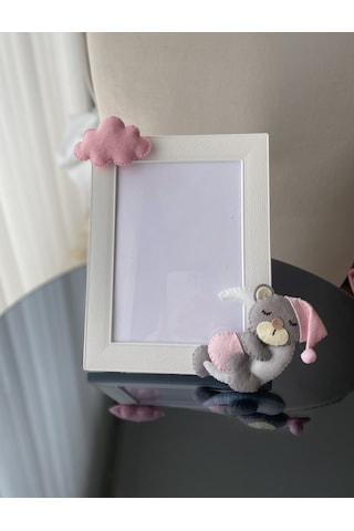 Bebek Odası Çerçeve Aylı Ayıcık Pembe Gri