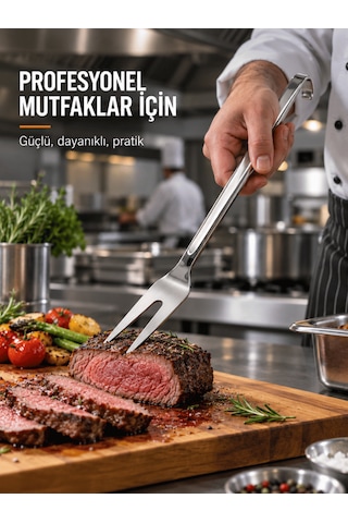 Beylini Endüstriyel Sanayi Tipi Servis Çatalı Paslanmaz Çelik Uzun Saplı Lokanta Restoran Yemekhane Asılabilir Mutfak Çatalı No2