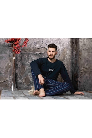 Lukitus Uzun Kollu Sıfır Yaka Baskılı Erkek Pijama Takımı Lacivert
